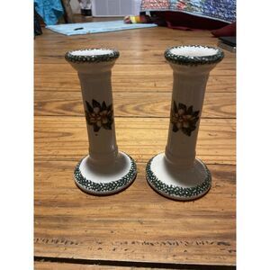 Magnolia Blossom Ceramic Candlesticks Set Of 2 5.5 Inch GOOD